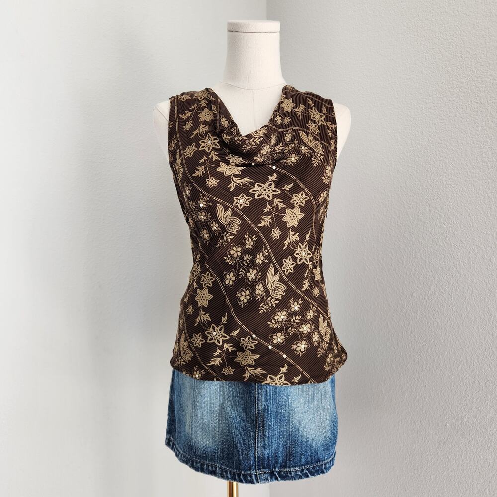 Y2K Brown Silk Floral Cowl Neck Sleeveless Blouse Tank Top S